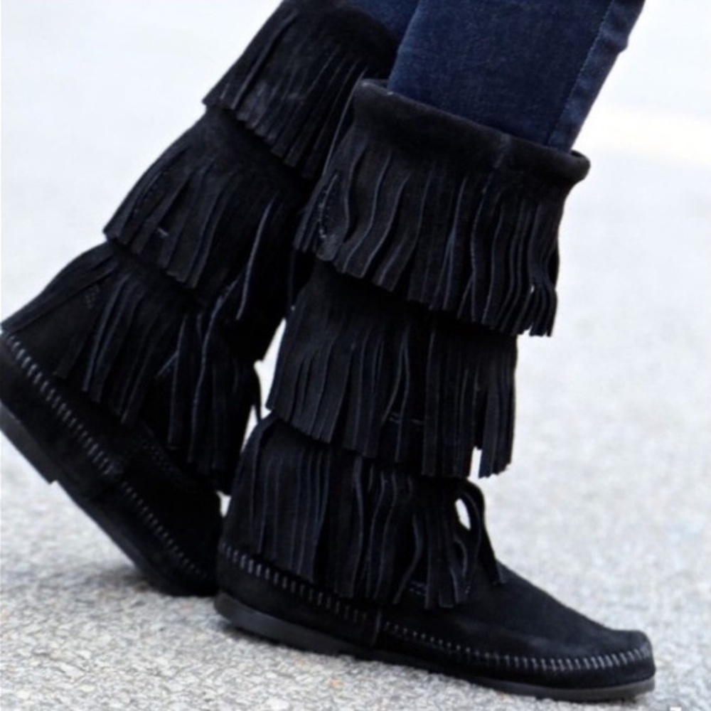 Minnetonka Black Triple Fringe Suede Boot - Picture 2 of 5